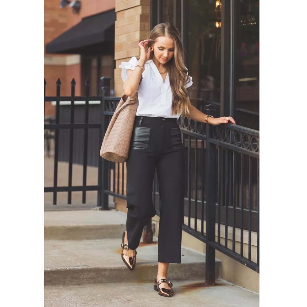 Maeve The Colette Pants Black Faux-Leather Pocket Cropped Wide Leg Merrick White
